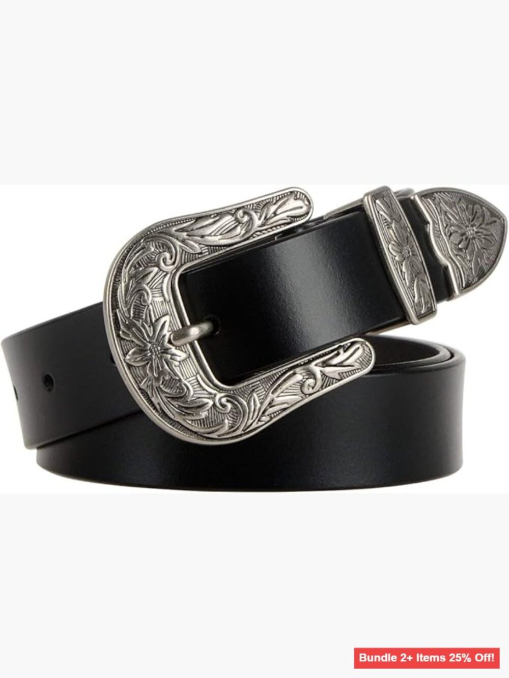 Vintage Western Leather Belt with Floral Buckle, Suede Strap, Fits 32-36 Inches